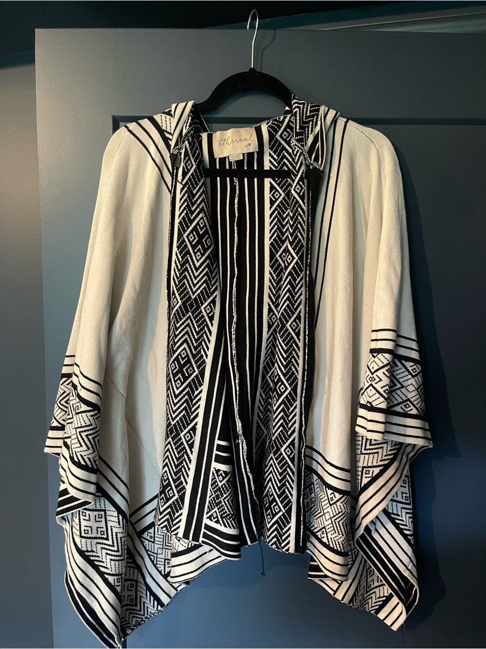 Ethereal Black & White Geometric Hooded Poncho